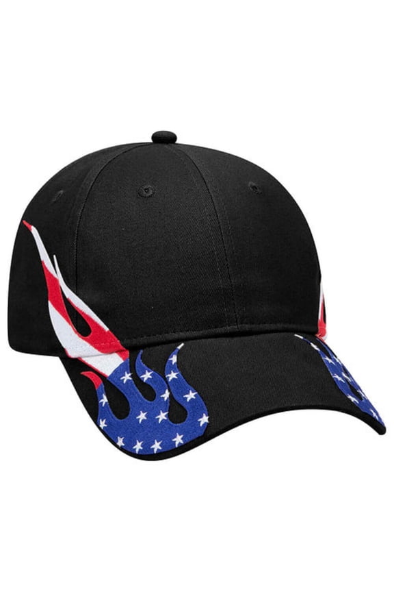 OTTO CAP 6 Panel Low Profile American Flag Patriot USA Baseball Cap, Black with 2 American Flag Theme Flames on the Sides
