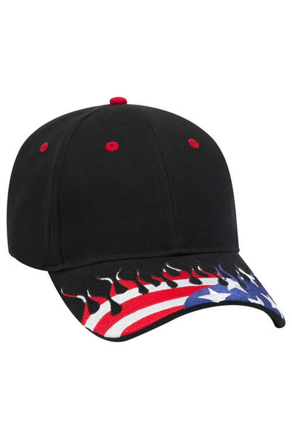 OTTO CAP 6 Panel Low Profile American Flag Patriot USA Baseball Cap, Black with American Flag Theme Flames on the Visor