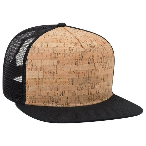 OTTO Cork Flat Visor "OTTO SNAP" 5 Panel Mesh Back Trucker Snapback Hat - Blk/Cork/Blk