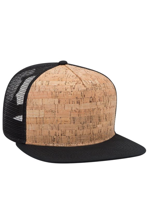 OTTO Cork Flat Visor "OTTO SNAP" 5 Panel Mesh Back Trucker Snapback Hat - Blk/Cork/Blk