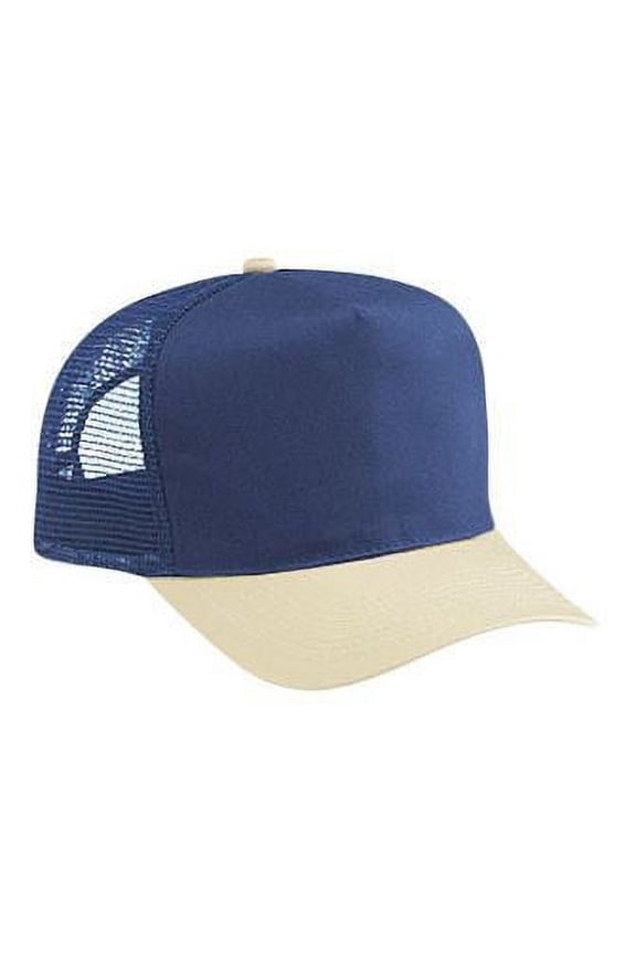 OTTO Cotton Blend Twill 5 Panel Pro Style Mesh Back Trucker Hat - Kha/Nvy