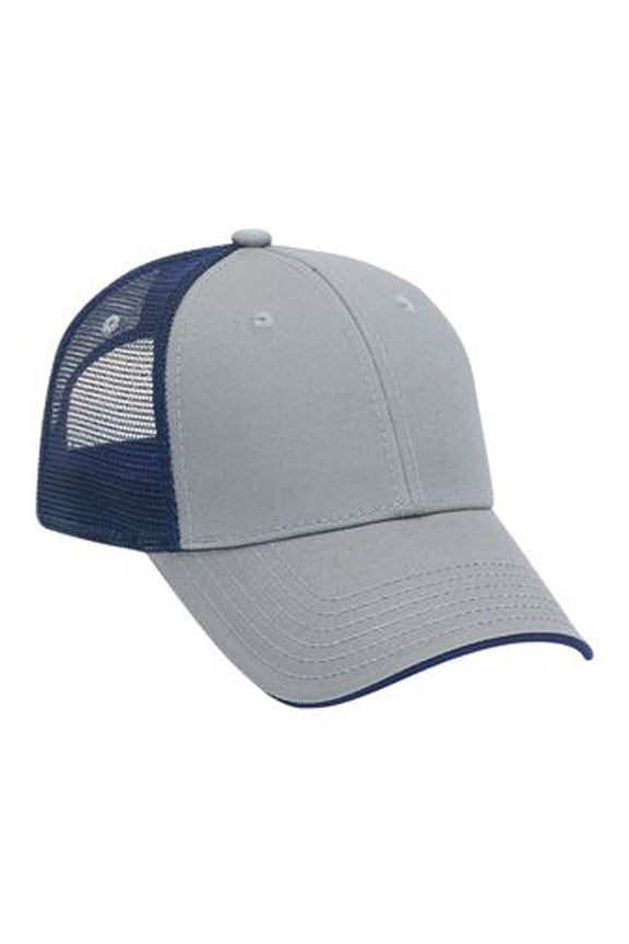 OTTO Cotton Twill Flipped Edge Visor 6 Panel Low Profile Mesh Back Trucker Hat - Gry/Gry/Nvy