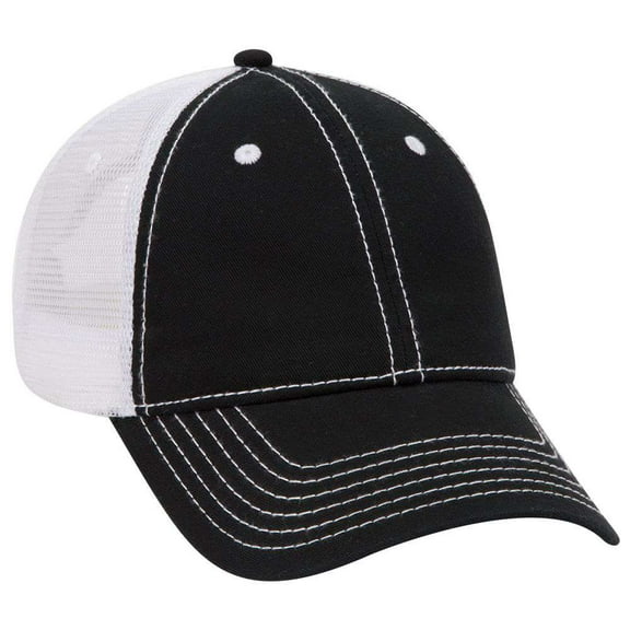 OTTO Garment Washed Cotton Twill 6 Panel Low Profile Mesh Back Trucker Hat - Blk/Blk/Wht