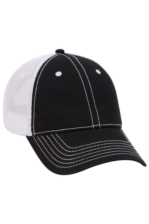 OTTO Garment Washed Cotton Twill 6 Panel Low Profile Mesh Back Trucker Hat - Blk/Blk/Wht