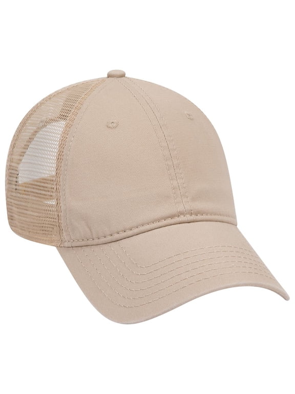 OTTO Garment Washed Cotton Twill 6 Panel Low Profile Mesh Back Trucker Hat - Khaki