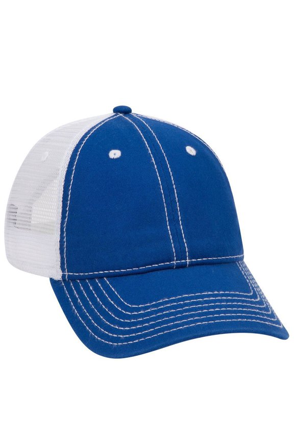 OTTO Garment Washed Cotton Twill 6 Panel Low Profile Mesh Back Trucker Hat - Ryl/Ryl/Wht