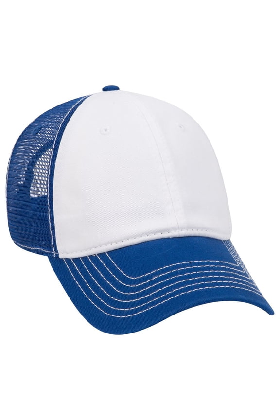 OTTO Garment Washed Cotton Twill 6 Panel Low Profile Mesh Back Trucker Hat - Ryl/Wht/Ryl