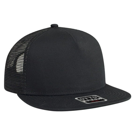 OTTO Round Flat Visor "OTTO SNAP" 5 Panel Mesh Back Trucker Snapback Hat - Black