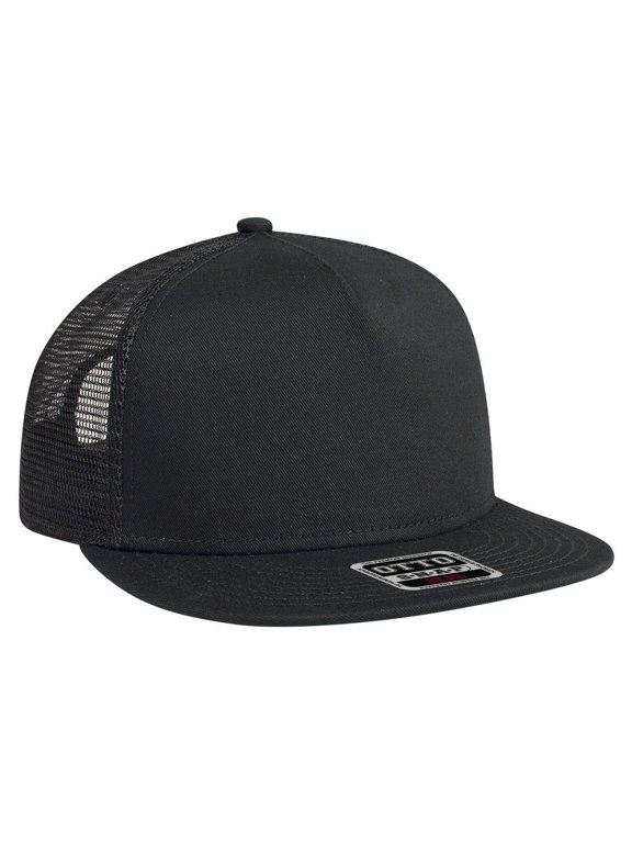 OTTO Round Flat Visor "OTTO SNAP" 5 Panel Mesh Back Trucker Snapback Hat - Black