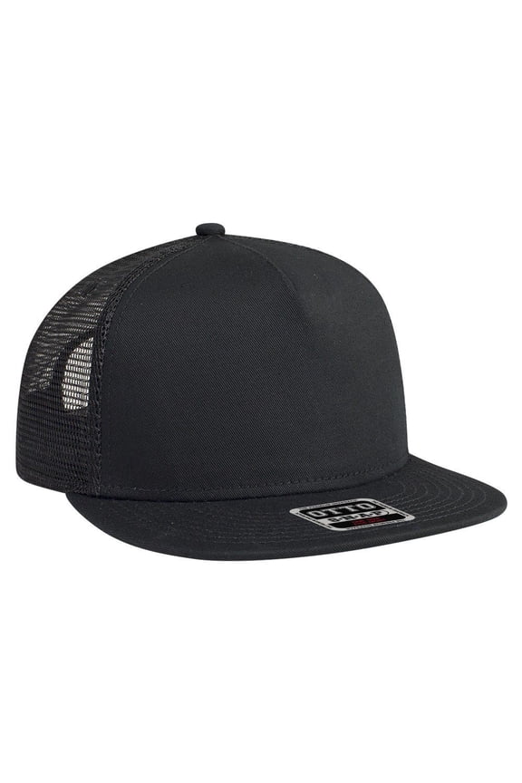 OTTO Round Flat Visor "OTTO SNAP" 5 Panel Mesh Back Trucker Snapback Hat - Black
