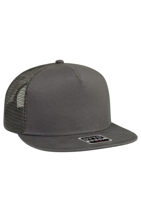 OTTO Round Flat Visor "OTTO SNAP" 5 Panel Mesh Back Trucker Snapback Hat - Char. Gray