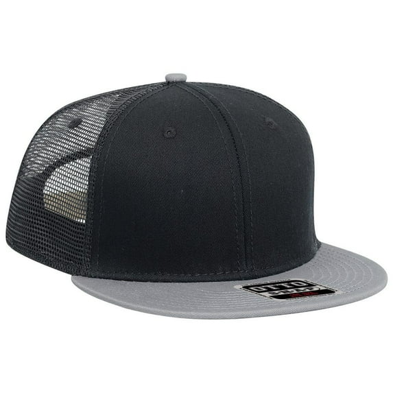 OTTO SNAP Cotton Twill Round Flat Visor 6 Panel Mesh Back Trucker Snapback - Gry/Blk/Blk