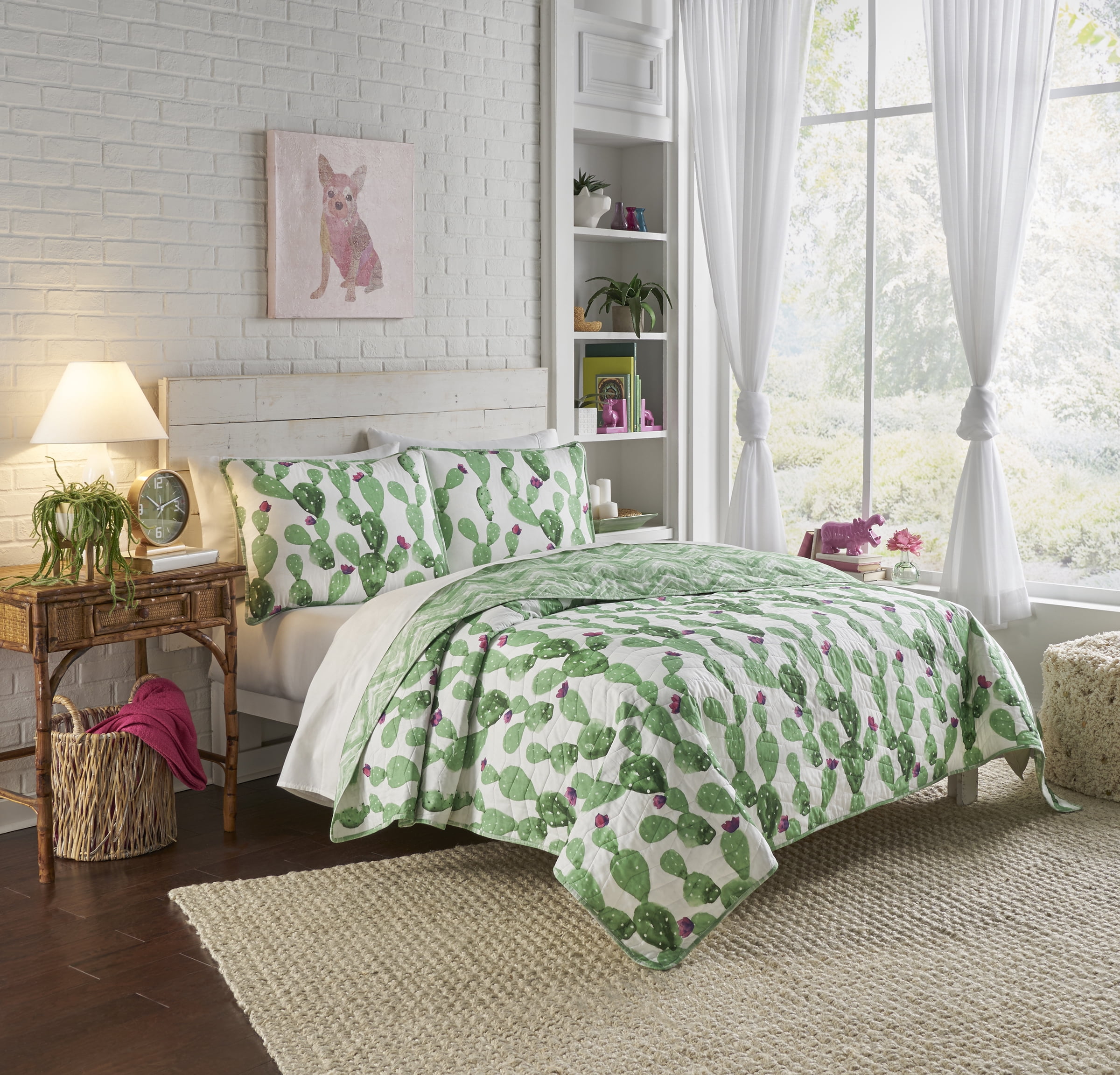 Vue Otto Reversible, Cactus Print, 3 Piece Quilt Set - Full/Queen - Green