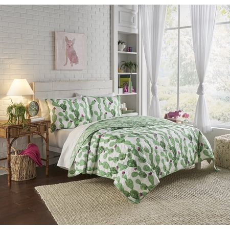 Vue Otto Reversible, Cactus Print, 3 Piece Quilt Set - Full/Queen - Green