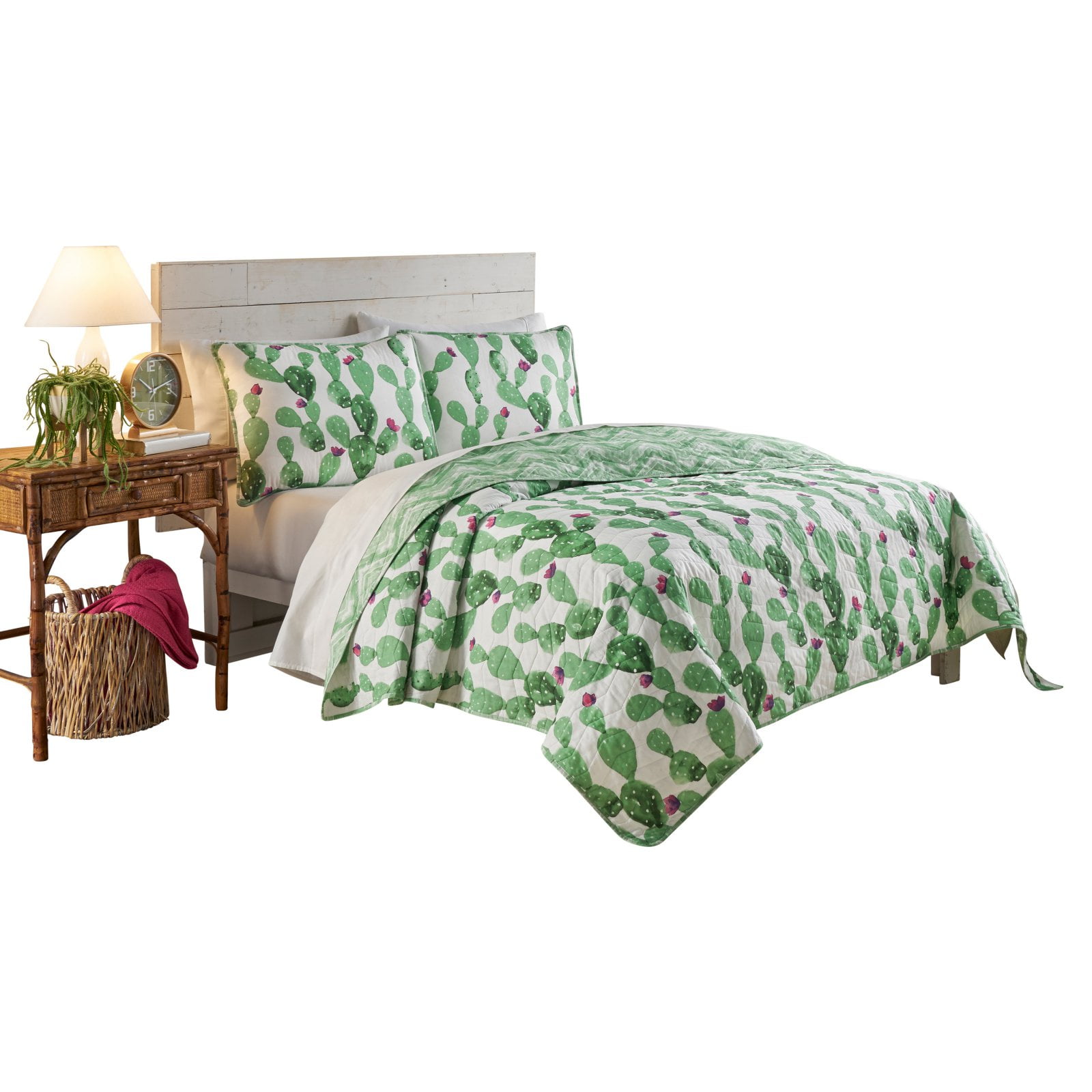 Full Pink Cotton Reversible Quilt Set with Cactus Motif