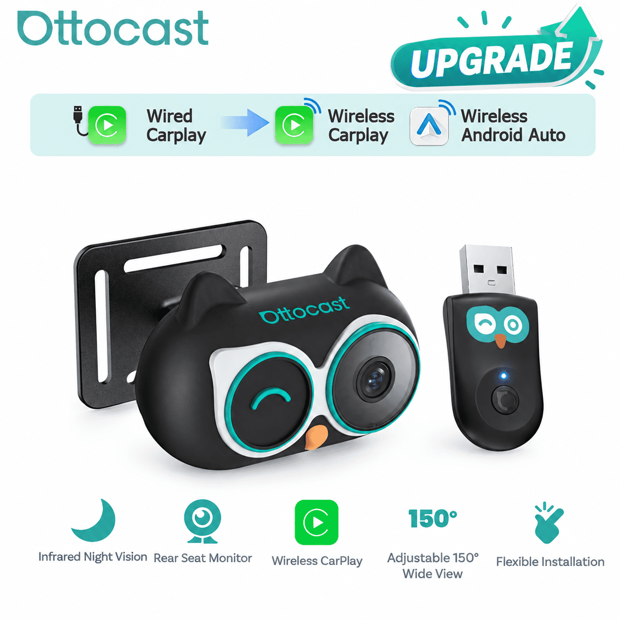 Ottocast Baby Car Camera Displaying on Car Screen,Built-in Wireless CarPlay Cabin Care Car Adapter, 1080P Clear No-Glow Night Vision,Split-Screen Navigation,150