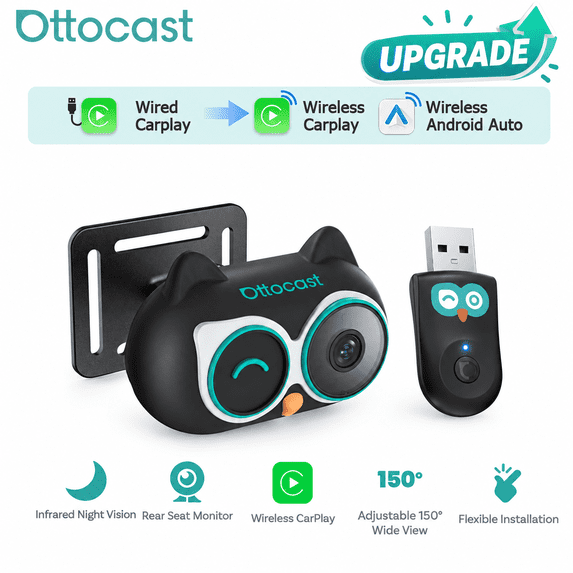 Ottocast Baby Car Camera Displaying on Car Screen,Built-in Wireless CarPlay Cabin Care Car Adapter, 1080P Clear No-Glow Night Vision,Split-Screen Navigation,150°Wide Angle