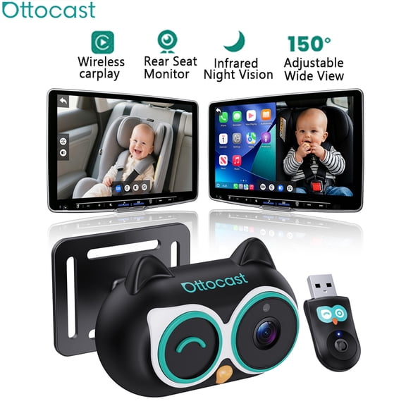 OTTOCAST Baby Car Camera &Wireless CarPlay Adapter,1080P HD Rear Seat Monitor Display on Car Screen,150Wide Angle No-Glow Night View, Safety for Kids & Infants