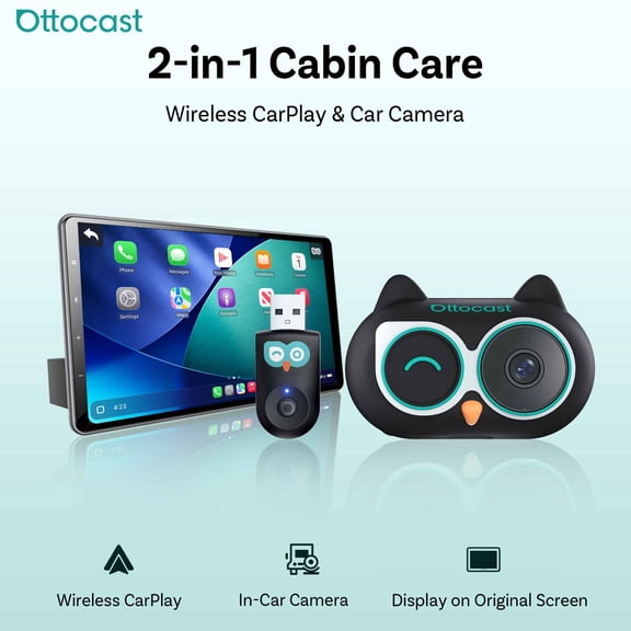 OTTOCAST Cabin Care Car Adapter with Baby Car Camera Wireless CarPlay Display on CarScreen1080P HD Rear Seat Baby Monitor Split Screen Navigation for Parents & Pet Owners