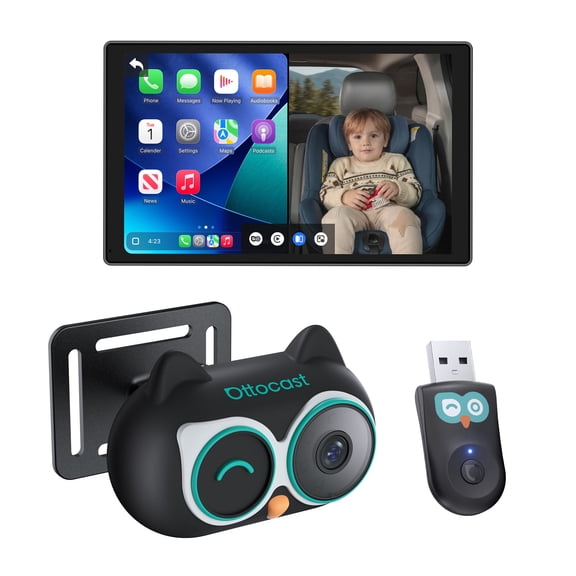 OTTOCAST Cabin Care Wireless CarPlay Adapter with 1080P Rear Seat Camera, Night Vision, Split Screen, Baby & Pet Monitor for Factory Wired CarPlay Vehicles