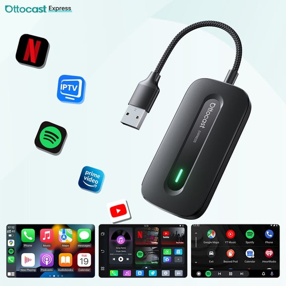 OTTOCAST Express Play2Video Pro CarPlay AI Box, Wired to Wireless CarPlay & Android Auto, 3-in-1 Multimedia Adapter