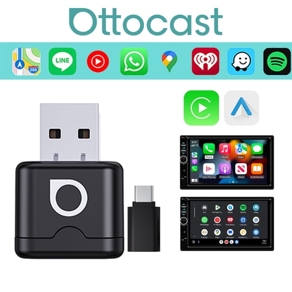 OTTOCAST Mini Aura Wireless Carplay Adapter, Android Auto Adapter Dongle Stick for Apple Wired CarPlay Cars & for iPhone 6 iOS 10+, USB & Type-C, for Gifts, Black