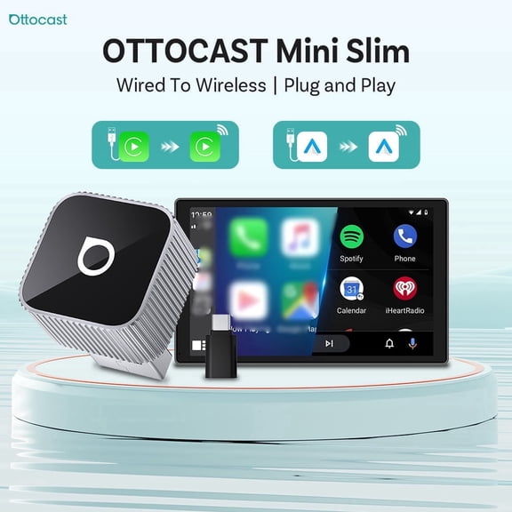 Ottocast Mini Slim, Wireless CarPlay Adapter, 2-in-1 Apple CarPlay and Android Auto Adapter, USB Plug Play, for Cars with Wired CarPlay/Android Auto