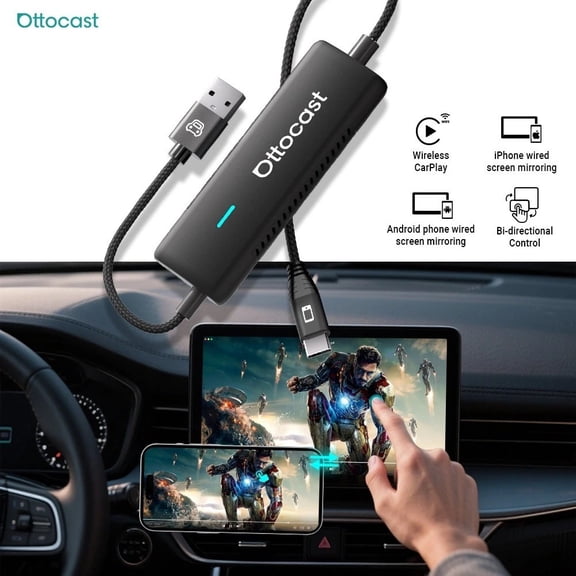 Ottocast Mirror Touch Wireless CarPlay Adapter, Screen Mirroring, 2-Way Touch Screen Sharing, 27W Fast Charging, Plug & Play