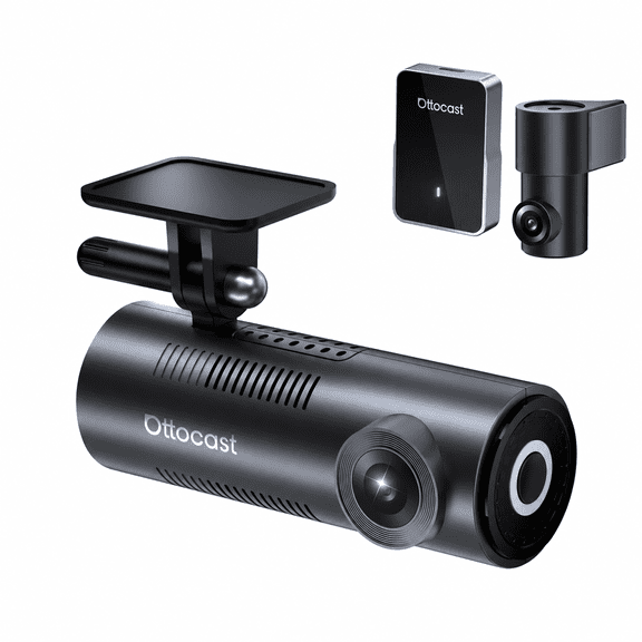 Ottocast OttoSafe 2-in-1 Dash Cam & Wireless CarPlay Adapter with Front & Rear View, Live Display, App Video Management and Impact Lock Recording