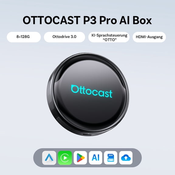 OTTOCAST P3 PRO CarPlay AI Box  Wireless CarPlay & Android Auto Adapter with 8GB RAM + 128GB ROM, Android 13, AI Voice Assistant, HDMI Out, Plug & Play for Wired CarPlay Cars