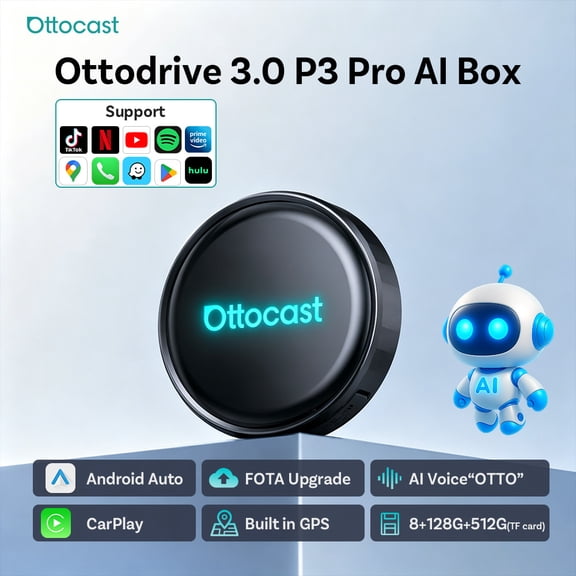 Ottocast P3 Pro Wireless CarPlay & Android Adapter, Built in Android 13, 8+128GB, HDMI, Night Vision, Split Screen Display, Safer Driving for Parents and Baby, 150 Wide Angle