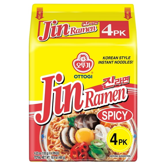 OTTOGI Jin Ramen Spicy Flavor Broth Noodle Soup, 4.23oz x 4 Pack