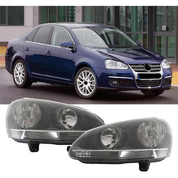 OTTULUR Headlight Assembly Replacement for Jetta 2006-2009 Halogen Black Headlights Lamp Set Driver Passenger Side