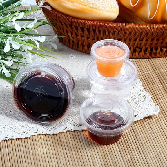 OTVIAP 50Pcs Disposable Plastic Condiment Sauce Cup Clear Chili Sauce Chutney Cups Boxes With Lid, Kitchen Party Banquet Plastic Chutney Cup