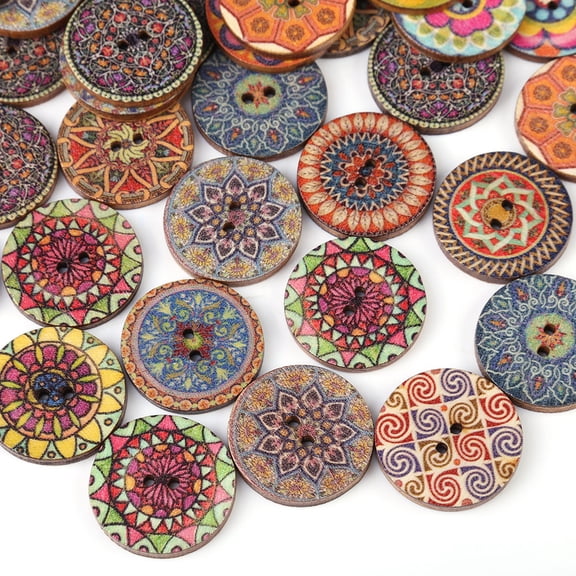 OTVIAP Decorative Buttons ,100 Pcs Mixed Pattern Vintage Wood Buttons with 2 Holes for DIY Sewing Craft Decorative 25mm,Print button