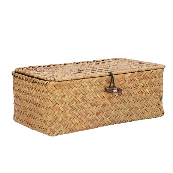 OTVIAP Simple Large Capacity Dustproof Soft Woven Seagrass Storage Basket with Lid, Rectangular