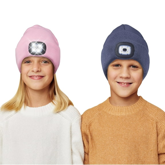 OTXNIREY 2-Pack Rechargeable LED Beanie Hats for Kids, Warm Winter Knit Cap with Light for Boys and Girls, Great for Camping, Hiking, Christmas Gifts