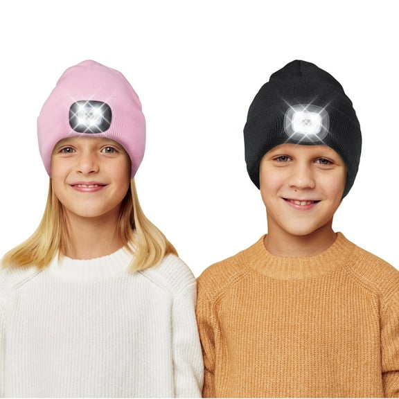 OTXNIREY 2-Pack Rechargeable LED Beanie Hats for Kids, Warm Winter Knit Cap with Light for Boys and Girls, Great for Camping, Hiking, Christmas Gifts