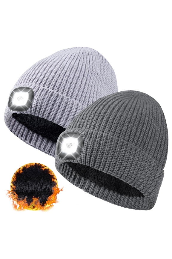 LED Beanie Hat, USB Rechargeable Fleece Lined Winter Warm Hat with Light, Gift for Men Women Dad Husband