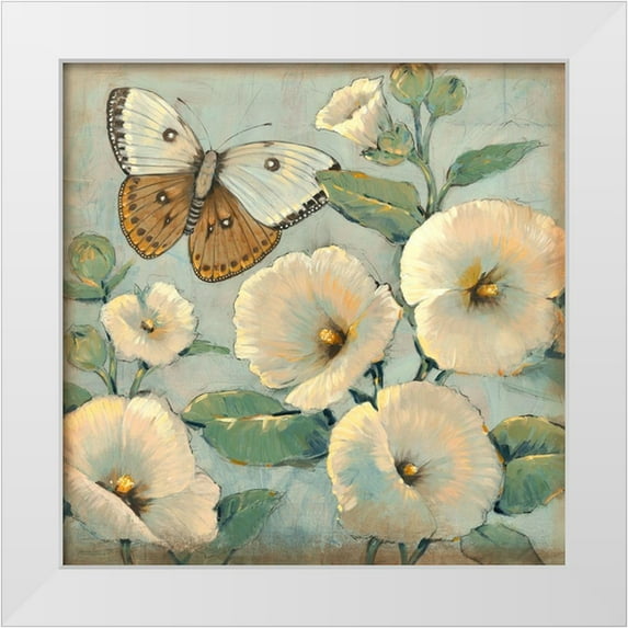 OToole, Tim 20x20 White Modern Wood Framed Museum Art Print Titled - Butterfly and Hollyhocks II