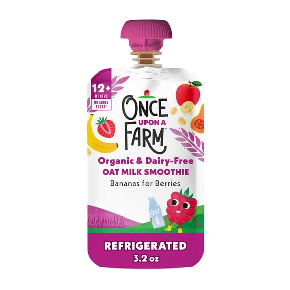 Once Upon a Farm Organic Refrigerated Toddler Food Bananas for Berries Dairy-Free Oat Milk Smoothie, 3.2oz Pouch