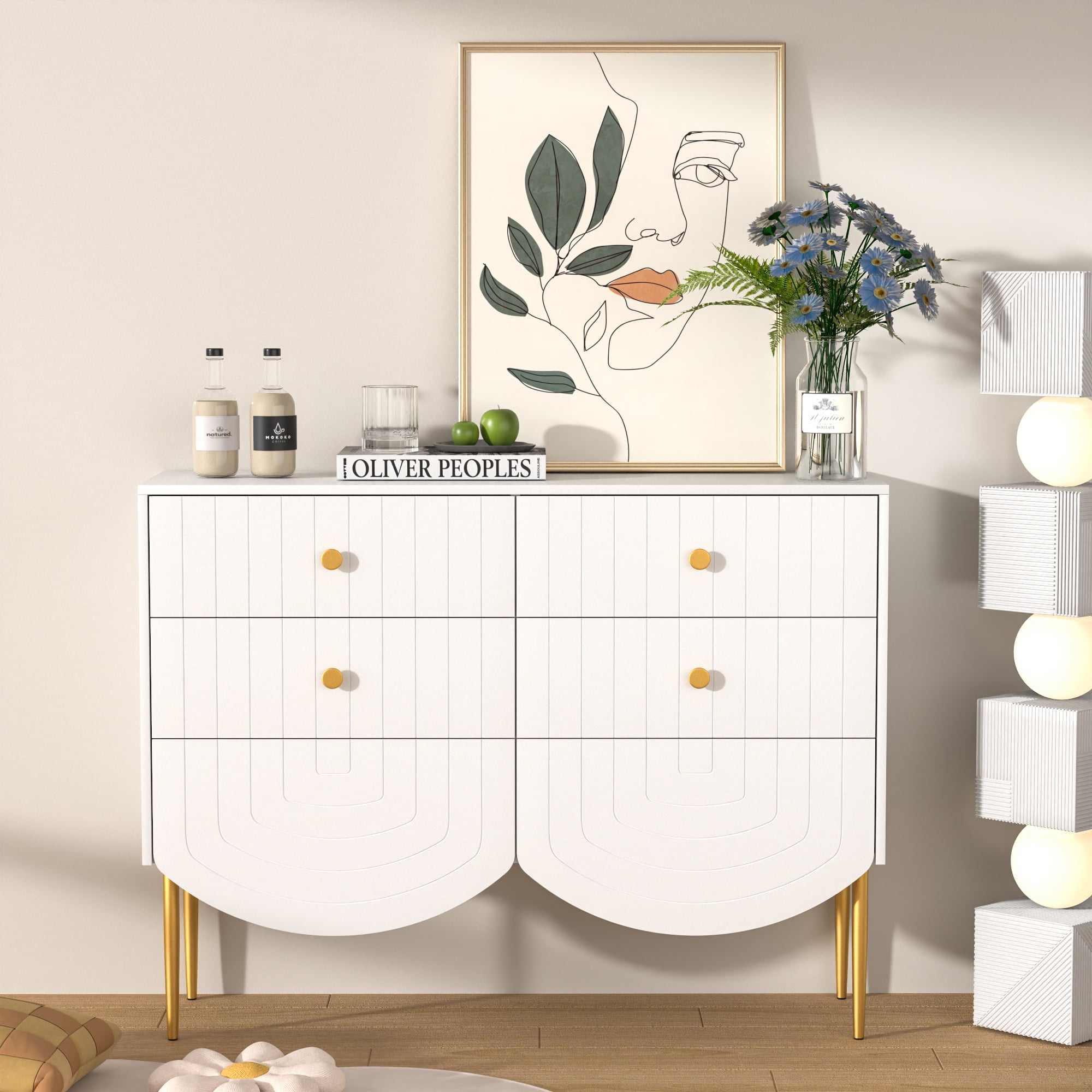 OUBAYAJIA 47.24”Mid-Century Modern U-shape 6 Drawer Dresser