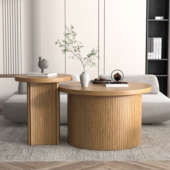 OUBAYAJIA Nesting Coffee Table Set of 2, Round Table, Modern Wooden Coffee Table End Side Table for Living Room Bedroom Balcony