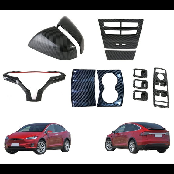 OUBOLUN ABS Imitate Carbon Fiber Whole Sets 11 Pieces Door Mirror Cover Window Rises Frame Rear Air Vent Trims Steering Wheel Cover Front Water Cup Panel For Tesla Model X 2016-2020 Car Decoration