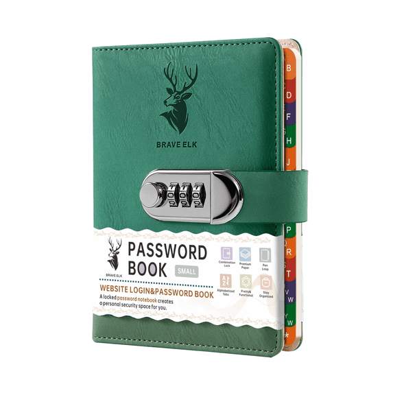 OUCLEYE B6 Password Book with Combination Lock, PU Leather Password Keeper Organizer, A-Z Alphabetical Index Website Address Login Notebook, Telephone Number Record Journal for Home Office Use