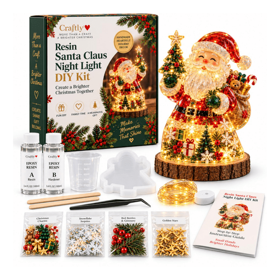 OUCLEYE Christmas Night Light DIY Kit, 3 Designs Tree/Snowman/Santa, All-in-One Resin Art Craft Set with Silicone Mold, Warm LED Fairy Lights for Holiday Home Decor & Gift Random paper boxes