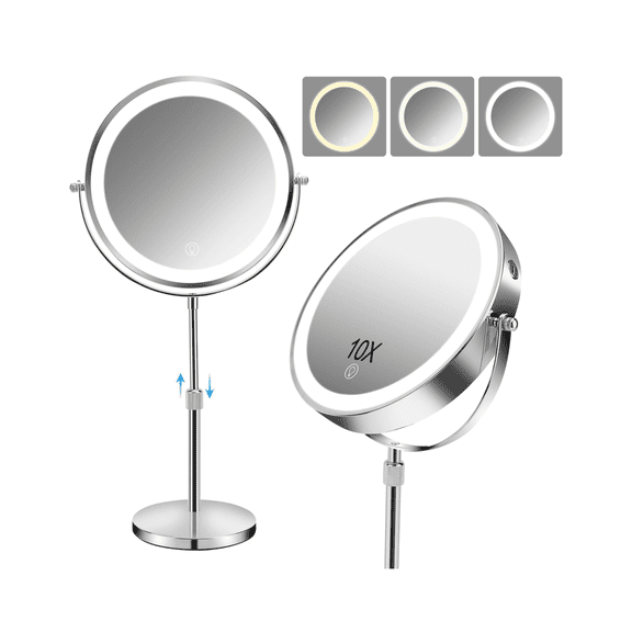 OUCLEYE LED Double Sided Makeup Mirror with Lights, 360° Rotation Height Adjustable Rechargeable Vanity Mirror, Dimmable Light Standing Magnifying Mirror for Bathroom Bedroom