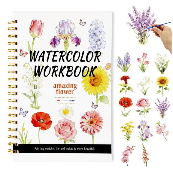 OUCLEYE Watercolor Workbook for Beginners, 300gsm Watercolor Paper Watercolor Painting Practice Book with 10 Colors Solid Pigment Paint Set and Painting Brush, 3 Themes for Adults New Painters