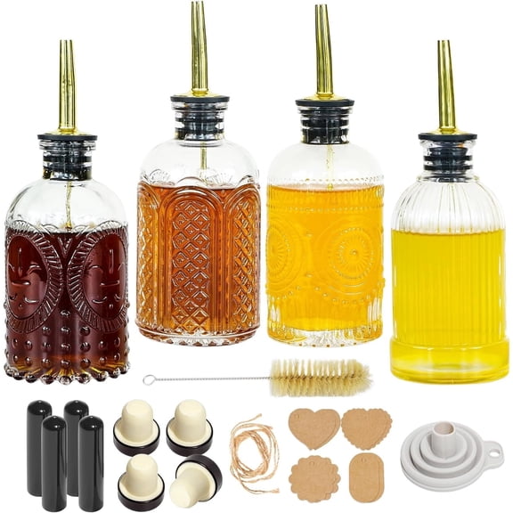 OUDIZZ 4pcs Syrup Dispenser Bottles for Coffee Bar, 7oz Simple Glass Syrup Bottle Set with Metal Pour Spout Ideal and labels for Syrups
