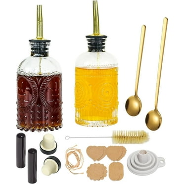 OUDIZZ 4pcs Syrup Dispenser Bottles for Coffee Bar, 7oz Simple Glass Syrup Bottle Set with Metal Pour Spout Ideal and labels for Syrups